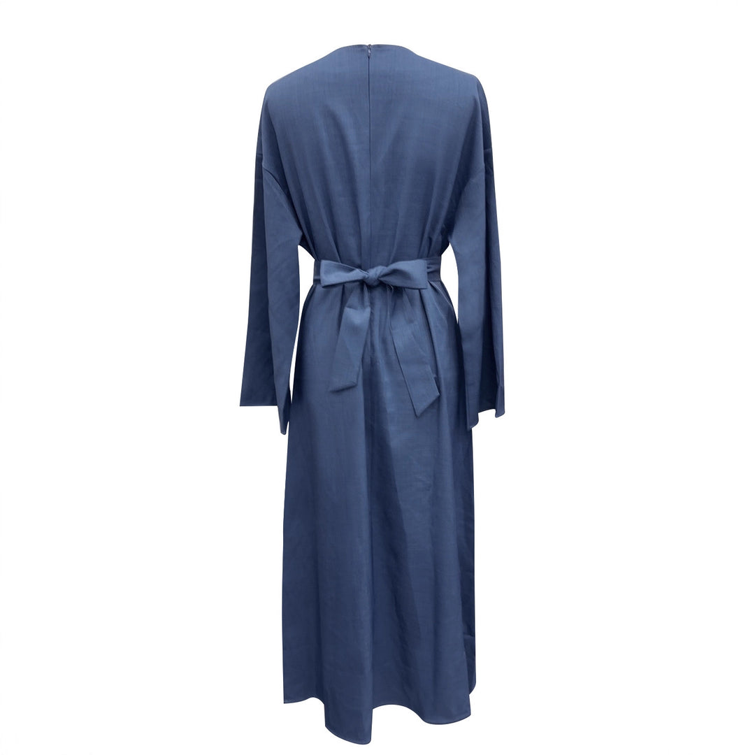 Damen Wickelmaxikleid in Leinenoptik mit Kimonoärmeln und Taillenbund Drune