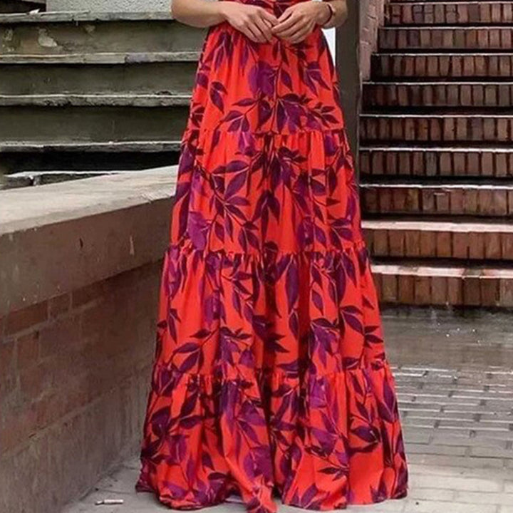 Damen Boho Maxikleid mit voluminösen Rüschenärmeln und gestuftem Rock Drune