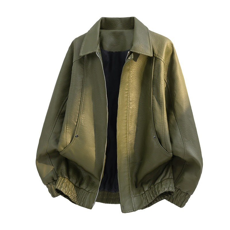 Herren oversized Kunstleder-Fieldjacke mit verdecktem Reißverschluss, elastischem Saum und aufgesetzten Taschen Drune