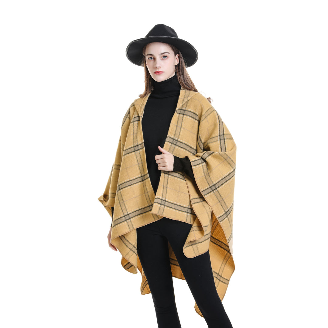 Damen Kapuzen-Poncho mit Karomuster, weichfallender Wollmix und offenem Oversize-Fall Drune