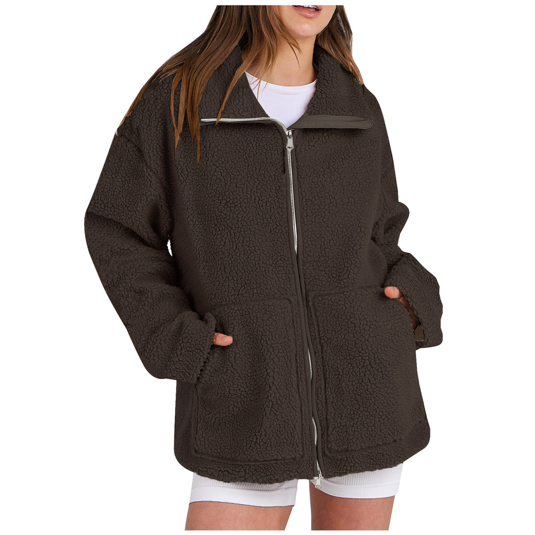 Damen nan oversized Teddyfelljacke mit Stehkragen Reißverschluss und aufgesetzten Taschen Drune