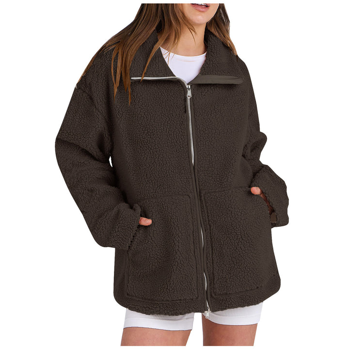 Damen nan oversized Teddyfelljacke mit Stehkragen Reißverschluss und aufgesetzten Taschen Drune