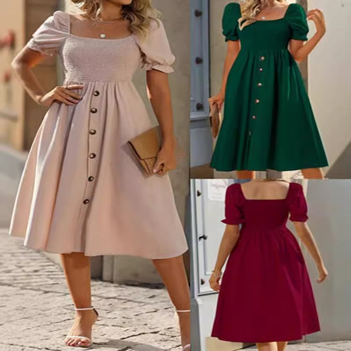 Damen Midi-Kleid mit Puffärmeln und Knopfleiste Drune