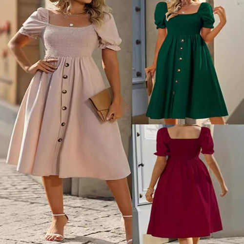 Damen Midi-Kleid mit Puffärmeln und Knopfleiste Drune
