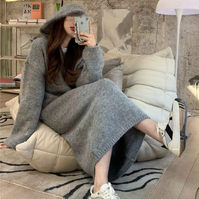 Damen Langes Kapuzen‑Strickkleid aus Wollmix mit relaxter Oversize‑Silhouette und geripptem Saum Drune