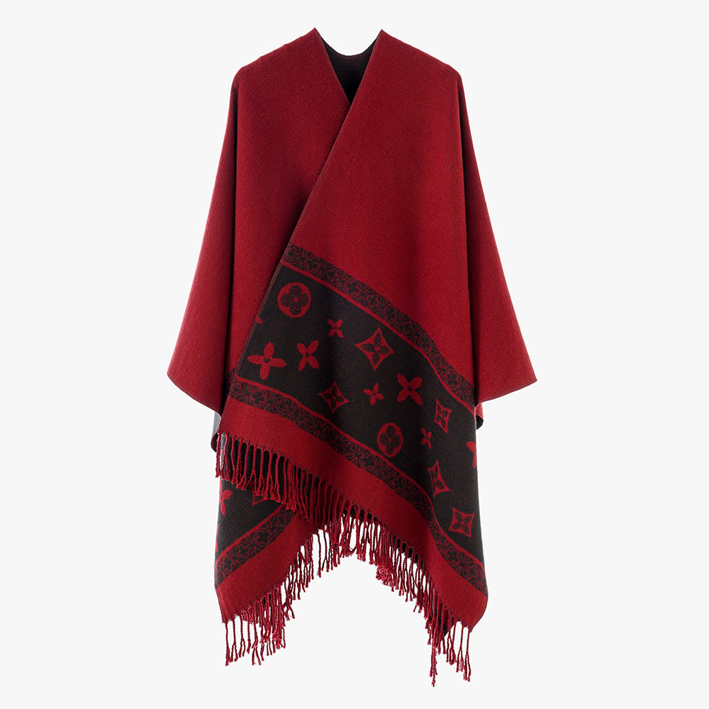 Damen Schlichter Capeponcho aus Wollmischung mit eingewebter Jacquardbordüre und Fransen Drune