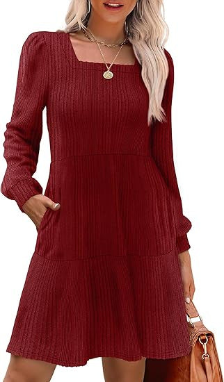 Damen Gestricktes A‑Linien‑Minikleid mit quadratischem Ausschnitt, Stufenrock und Eingrifftaschen Drune