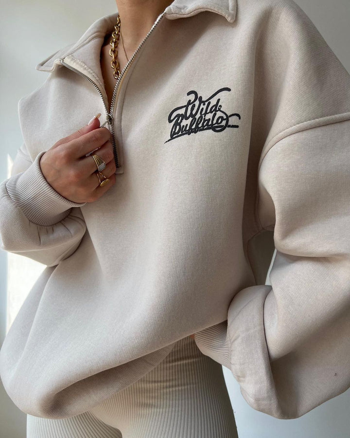 Damen Oversized Halbzip-Sweatshirt mit Stehkragen und gesticktem Logo Drune