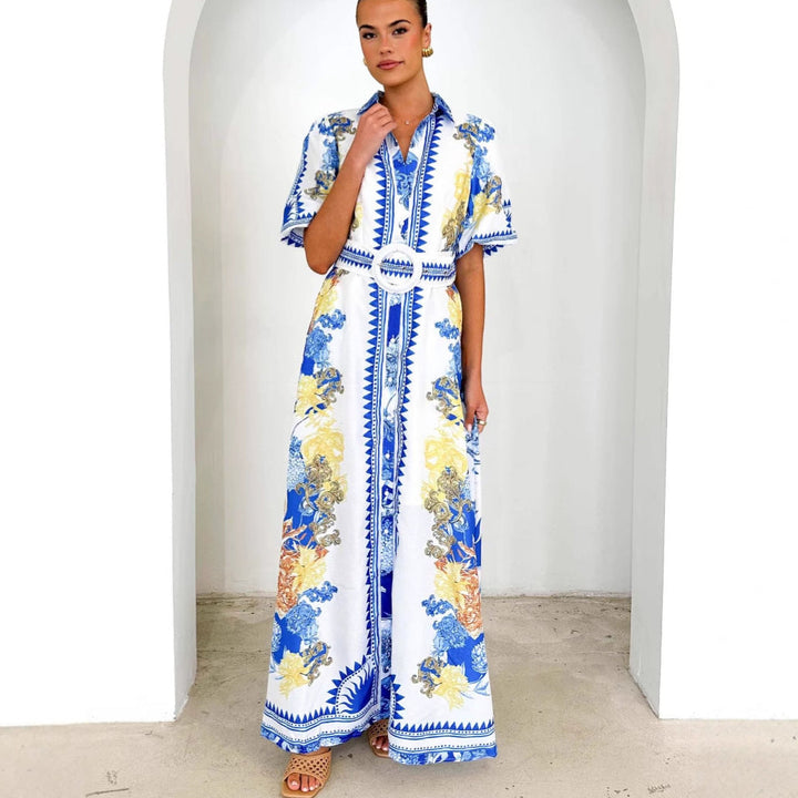 Damen Maxikleid mit floralem Knopfleisten-Design und tailliertem Gürtel Drune