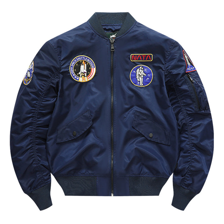 Men's  retro space-mission nylon flight jacket with insulated lining and sleeve zipper pocket Drune