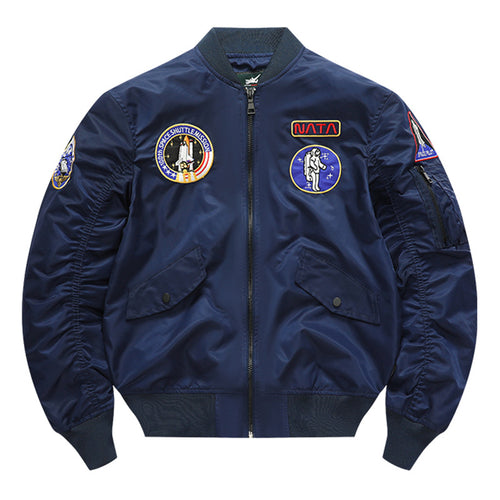 Men's  retro space-mission nylon flight jacket with insulated lining and sleeve zipper pocket Drune