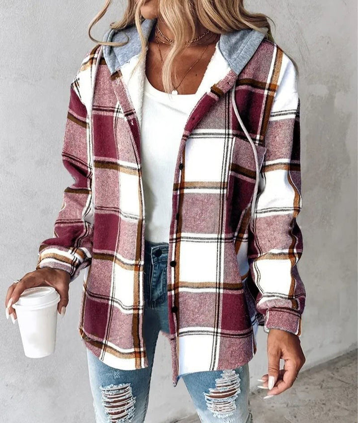 Damen lässige Flanelljacke mit Kapuze und modischem Karomuster Drune