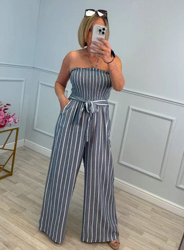 Damen Eleganter Jumpsuit mit gestreiftem Design und Gürtel Drune