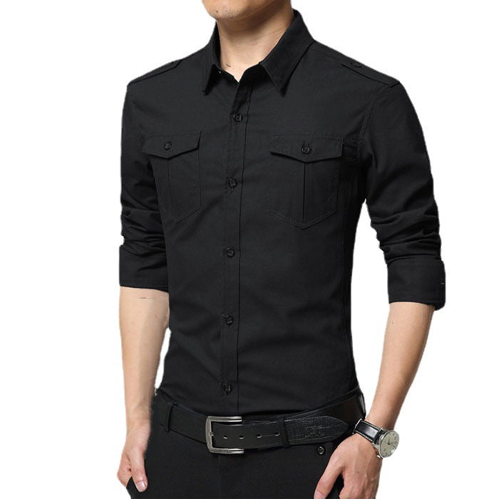 Herren Slim‑Fit Utility‑Hemd mit Schulterklappen und Pattentaschen Drune