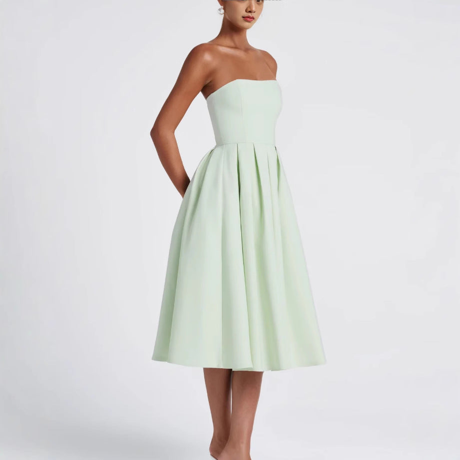 Damen A-Linien Abendkleid mit tiefem Wasserfallausschnitt und elegantem Plissee Drune