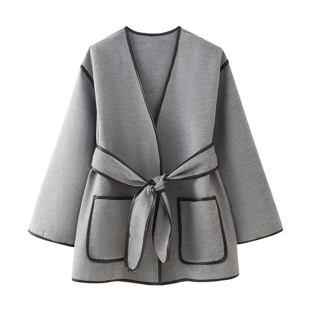 Damen nan Oversized Kimono-Wickelmantel mit Bindegürtel und Kontrastpaspel Drune