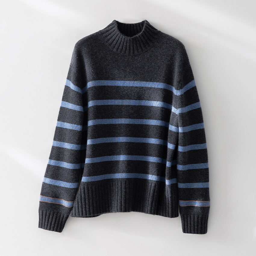 Damen Gestreifter Feinstrick-Pullover mit halbhohem Rippkragen und geripptem Saum Drune