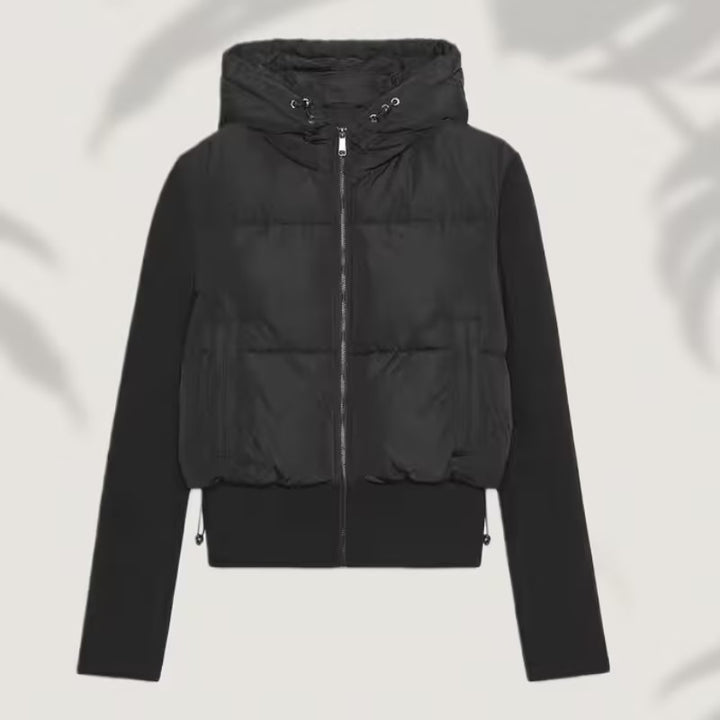 Damen Kurz geschnittene Hybrid-Steppjacke mit Kapuze, Rippbündchen und Tunnelzug Drune