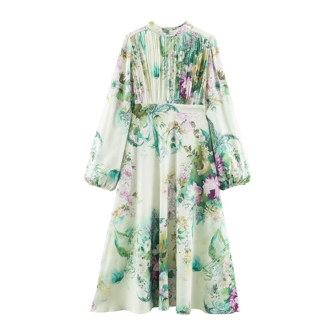 Damen Midikleid mit plissiertem Oberteil, Glockenärmeln und floraler A‑Linie Drune