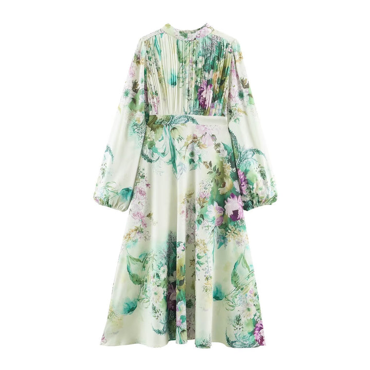 Damen Midikleid mit plissiertem Oberteil, Glockenärmeln und floraler A‑Linie Drune