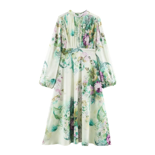 Damen Midikleid mit plissiertem Oberteil, Glockenärmeln und floraler A‑Linie Drune