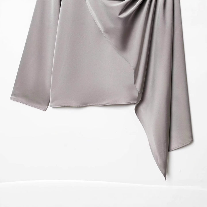 Damen Asymmetrische drapierte Satinbluse mit Wasserfallkragen Drune