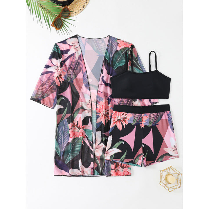 Damen Bademode-Set mit floralem Musterdruck und luftiger Wickeljacke Drune