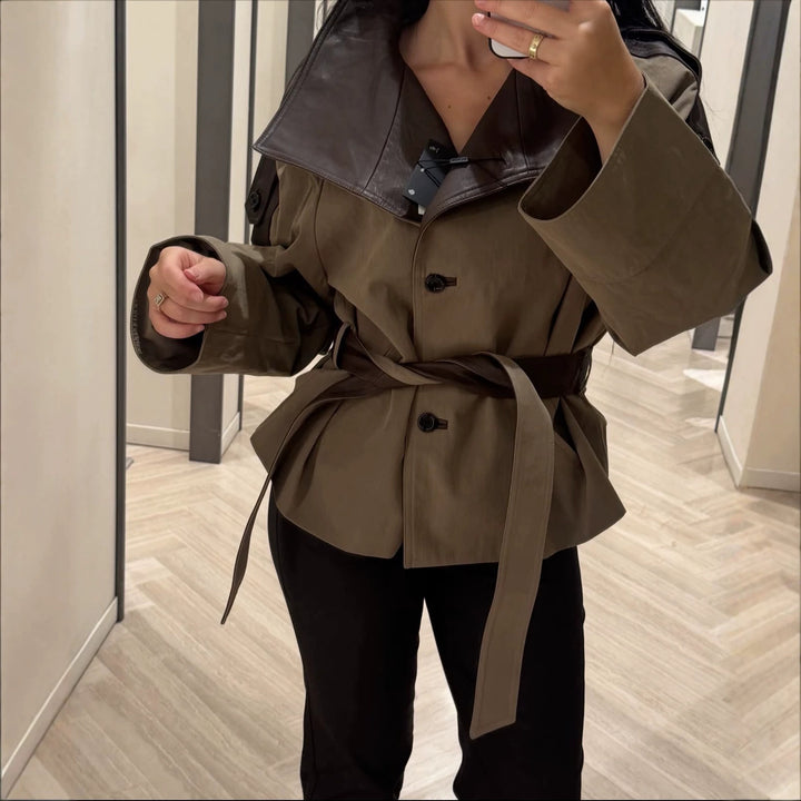 Damen Kurzjacke mit übergroßem Lederkragen und Bindegürtel Drune