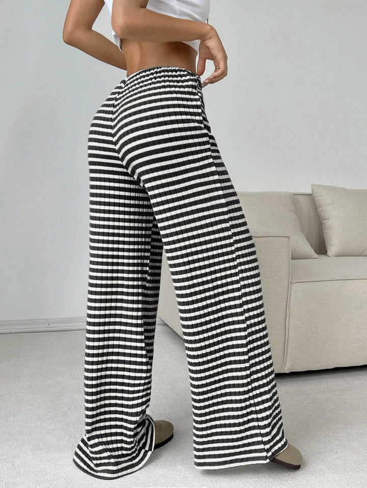 Damen Loungewear-Hose mit weitem Bein, geripptem Feinstrick und Kordelzug Drune
