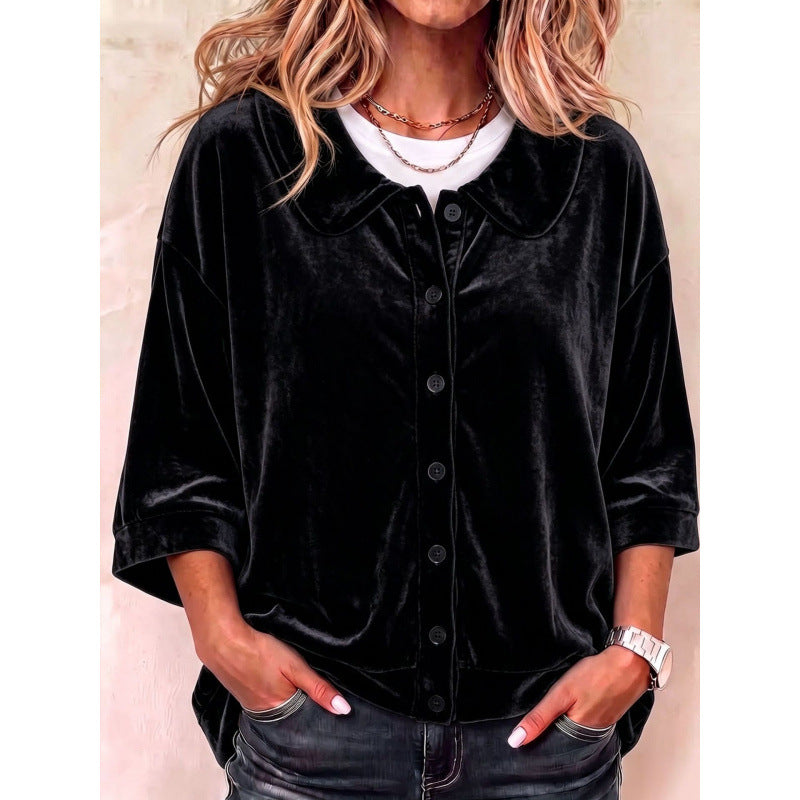 Damen Samt-Button-Down-Hemdbluse mit abgerundetem Kragen Drune