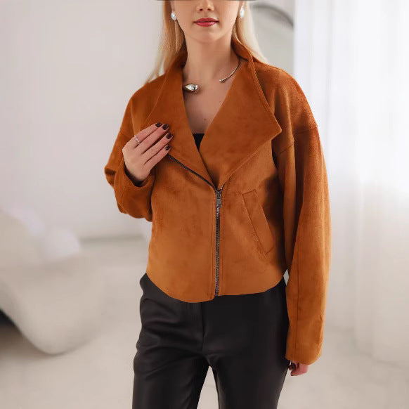 Damen Trendige Kurzjacke im lässigen Biker-Stil mit asymmetrischem Reißverschluss und tiefem Kragen Drune