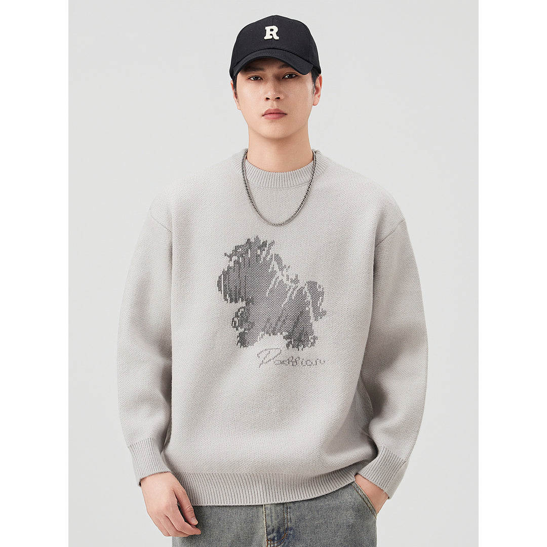 Herren Modischer Grobstrickpullover mit kreativer Tiermotiv-Applikation Drune