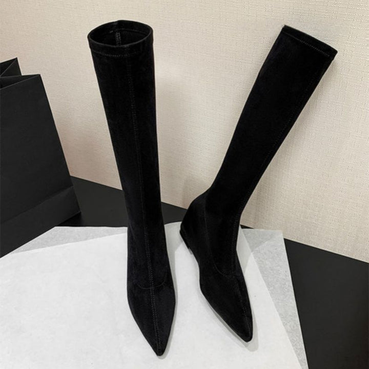 Damen Kniehohe Stretch‑Stiefel mit spitzer Zehenpartie und integriertem Keilabsatz Drune