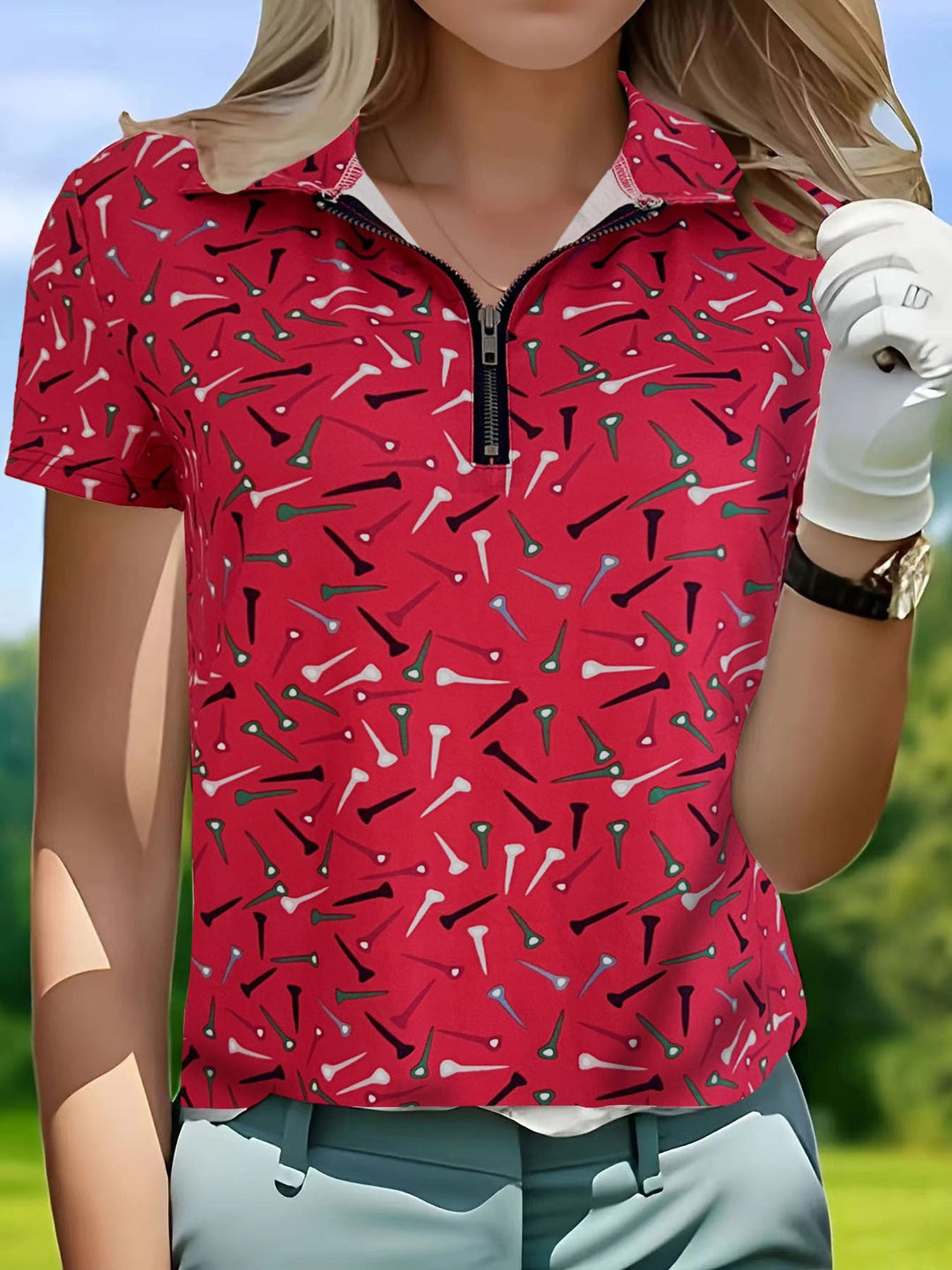 Damen Golfshirt mit modernem Muster und funktionalem Reißverschluss Drune