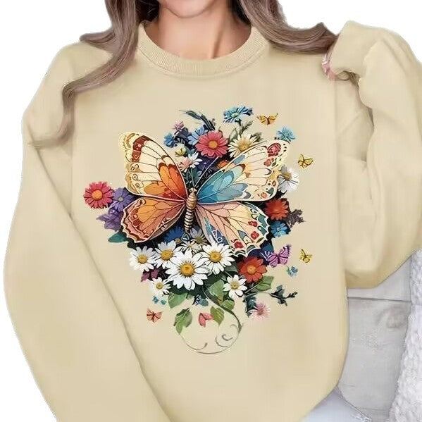 Damen Langarm Sweatshirt mit floralem Schmetterlingsdruck Drune