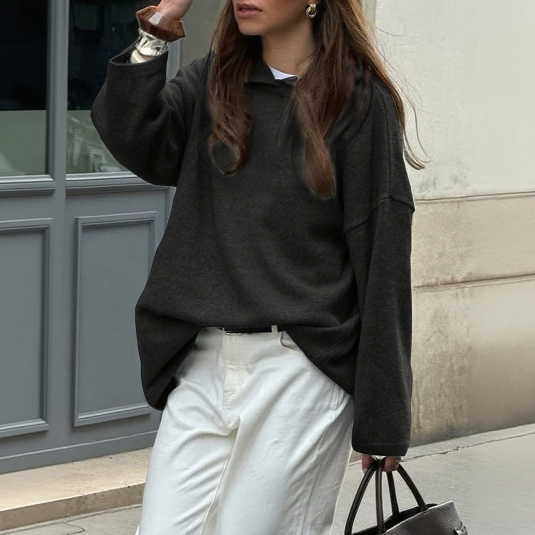 Damen nan Oversize-Polo-Feinstrickpullover mit umgelegtem Kragen und Raglanärmeln Drune