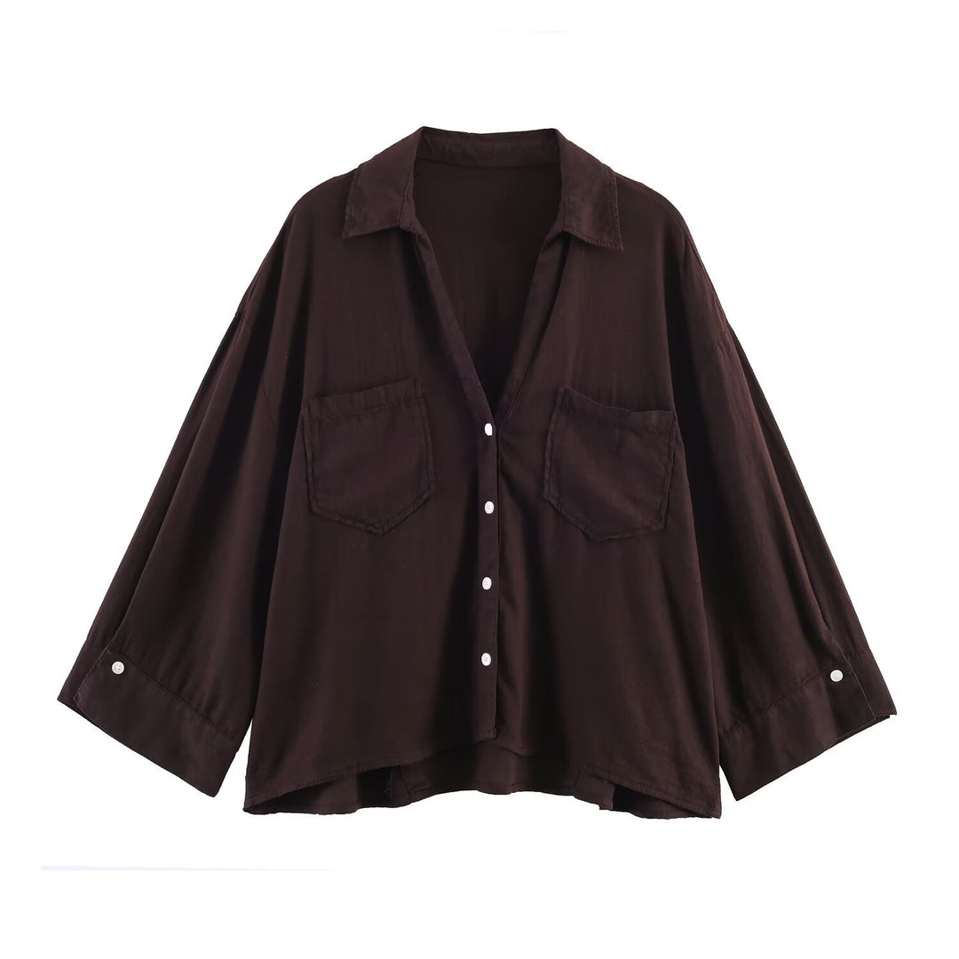 Damen Oversize-Hemdbluse mit großen Brusttaschen, überschnittener Schulter und High‑Low‑Saum Drune