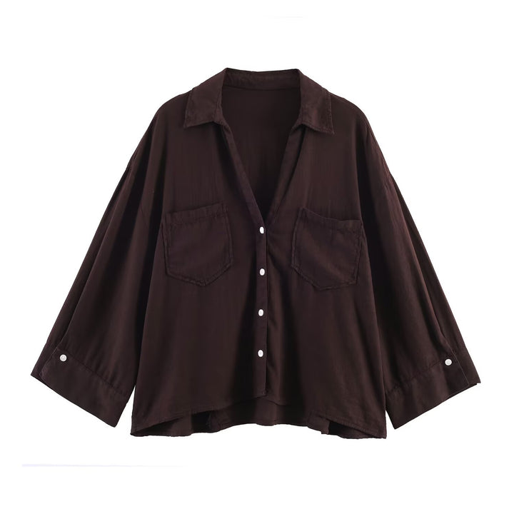Damen Oversize-Hemdbluse mit großen Brusttaschen, überschnittener Schulter und High‑Low‑Saum Drune