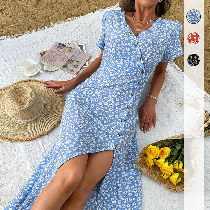 Damen Blumenkleid mit Knopfdetails und seitlichem Schlitz Drune