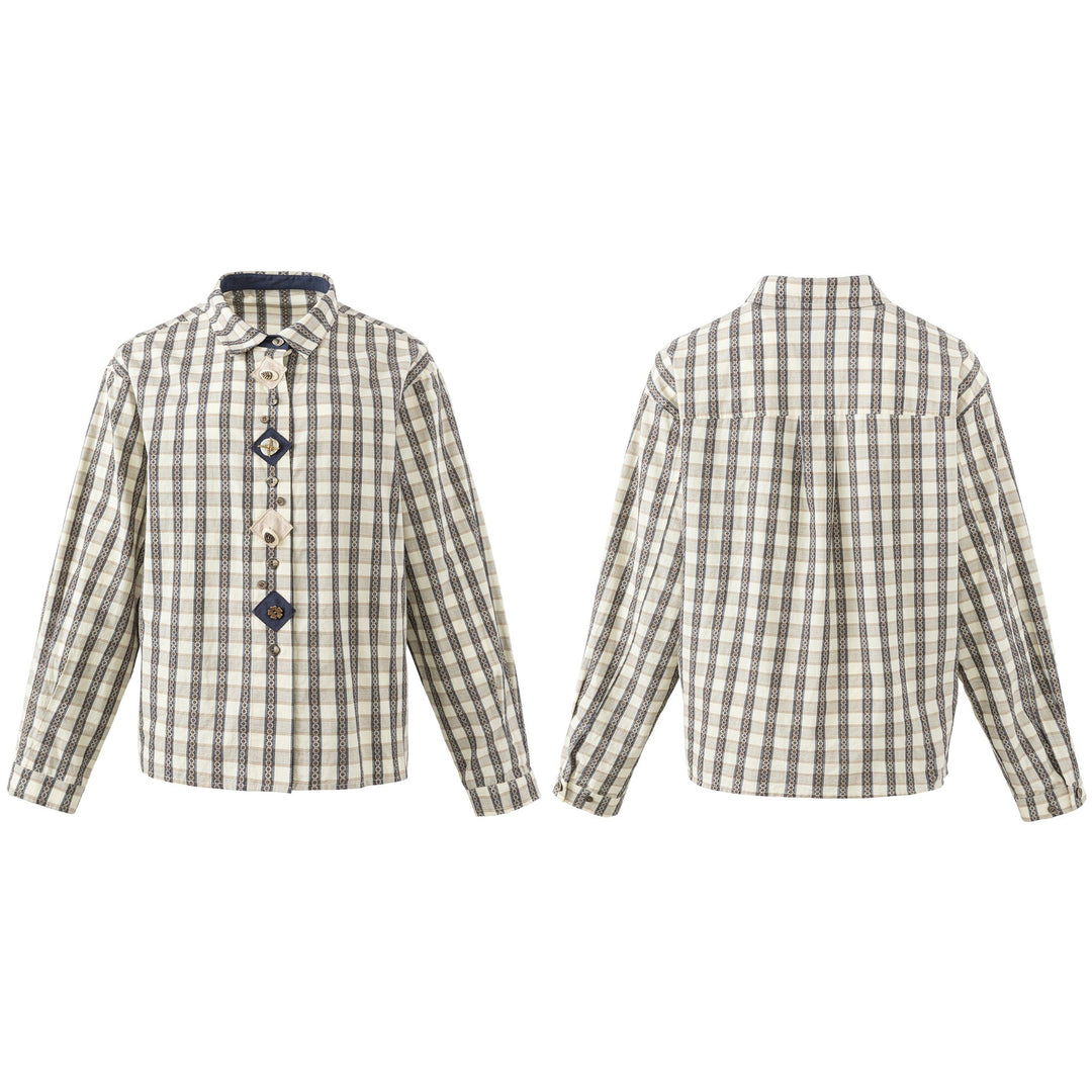 Damen Locker geschnittene Bluse im Vintage‑Karo mit dekorativer Zierknopfleiste Drune