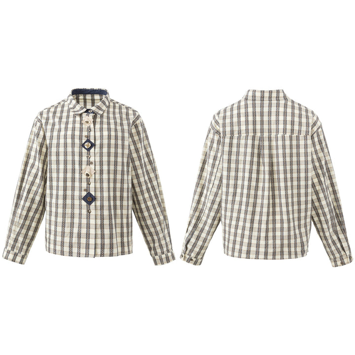 Damen Locker geschnittene Bluse im Vintage‑Karo mit dekorativer Zierknopfleiste Drune