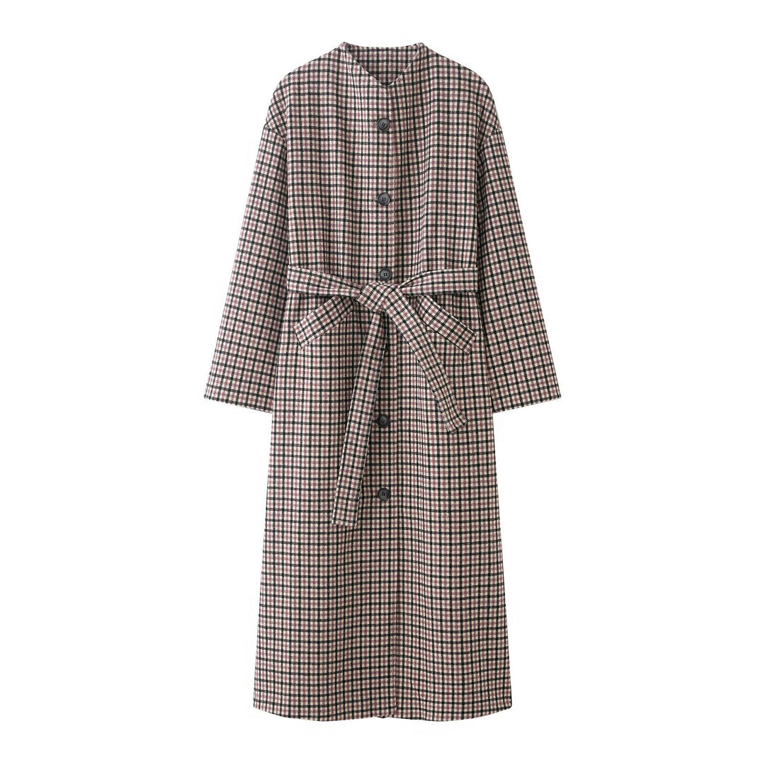 Damen karierter Midi-Mantel mit Taillengürtel und Rundhalsausschnitt Drune