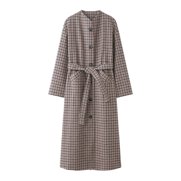Damen karierter Midi-Mantel mit Taillengürtel und Rundhalsausschnitt Drune