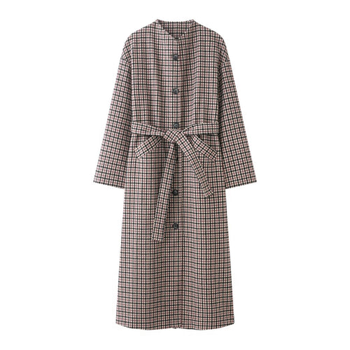 Damen karierter Midi-Mantel mit Taillengürtel und Rundhalsausschnitt Drune