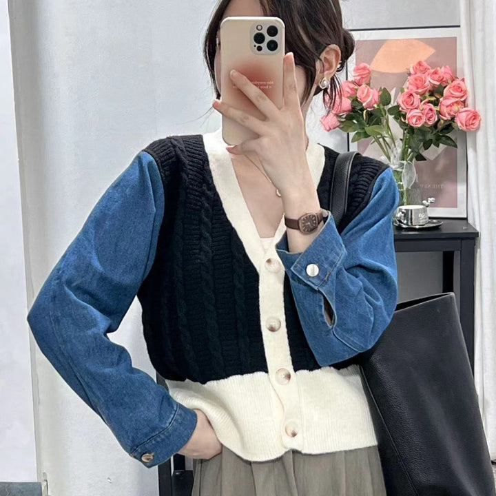 Damen Modischer Strickcardigan mit Denim-Ärmeln Drune