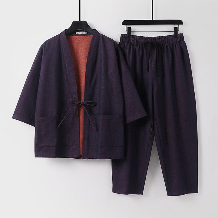 Unisex Lässiges Denim-Kimono-Set mit kurzarm Jacke, Bindeband und elastischer Bundhose Drune