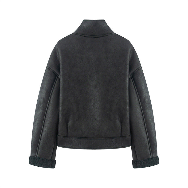 Damen nan kurze Lammfelloptik-Jacke mit hohem Stehkragen und geknöpfter Front Drune