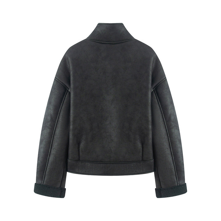 Damen nan kurze Lammfelloptik-Jacke mit hohem Stehkragen und geknöpfter Front Drune