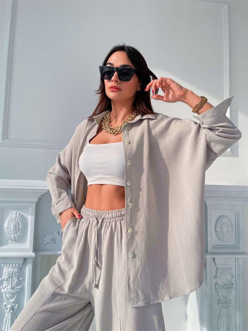 Damen lässiges Sommeroutfit mit übergroßer Bluse und weiten Hosen Drune