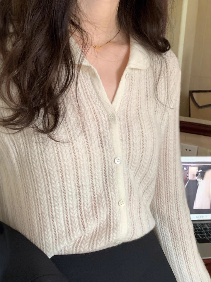 Damen Leichter Ajourstrick-Knopfccardigan mit Hemdkragen und feiner Zopfmusterstruktur Drune